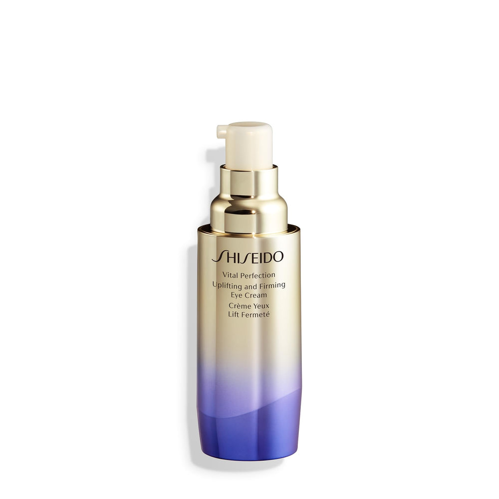 Packaging close-up of Shiseido Vital Perfection eye cream showing creamy texture for refreshed eyes.