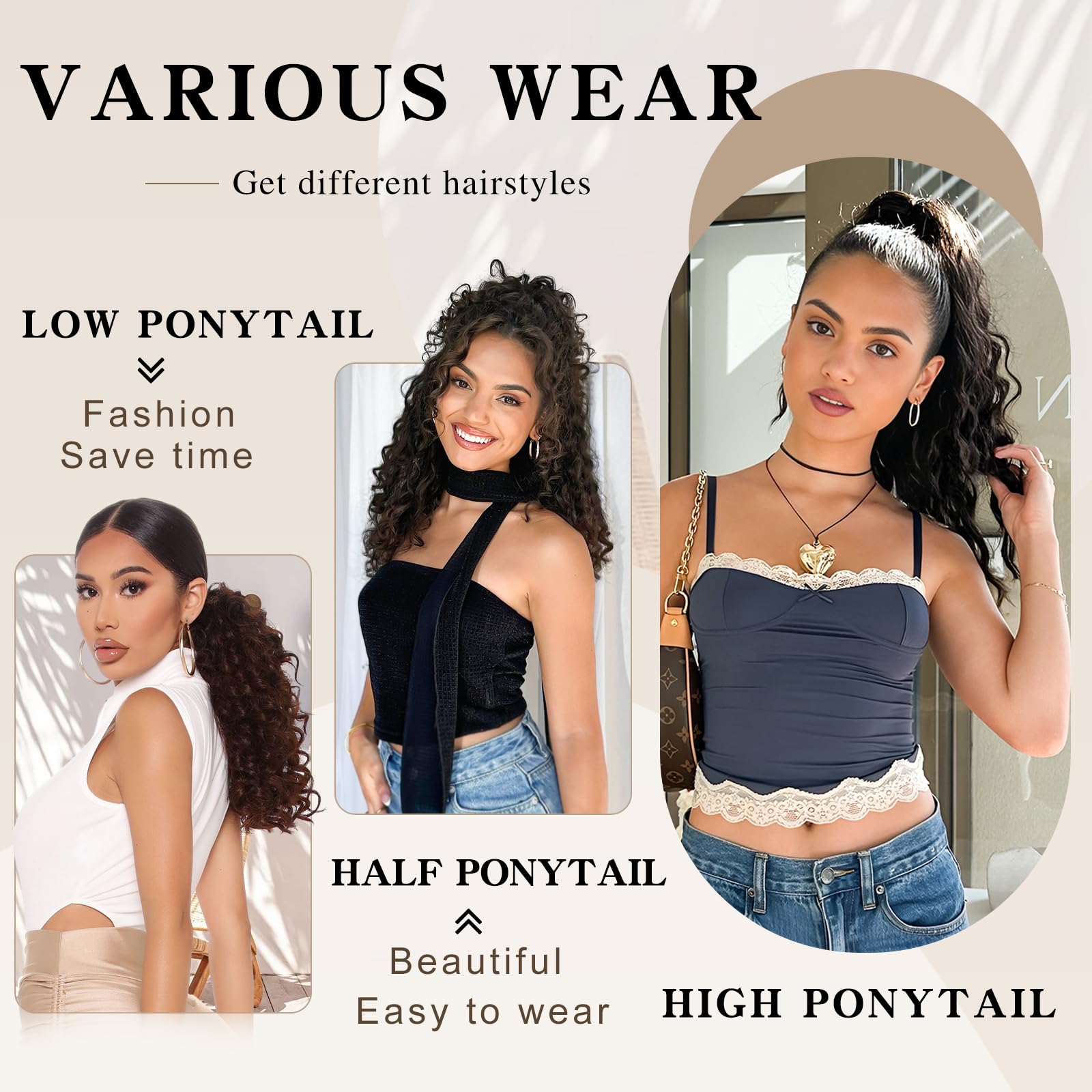 SHNMIN drawstring ponytail attachment demonstrates easy clip-in application for quick styling.