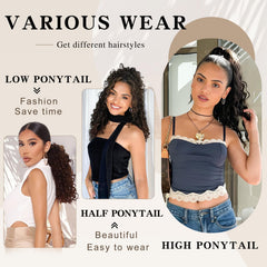 SHNMIN drawstring ponytail attachment demonstrates easy clip-in application for quick styling.