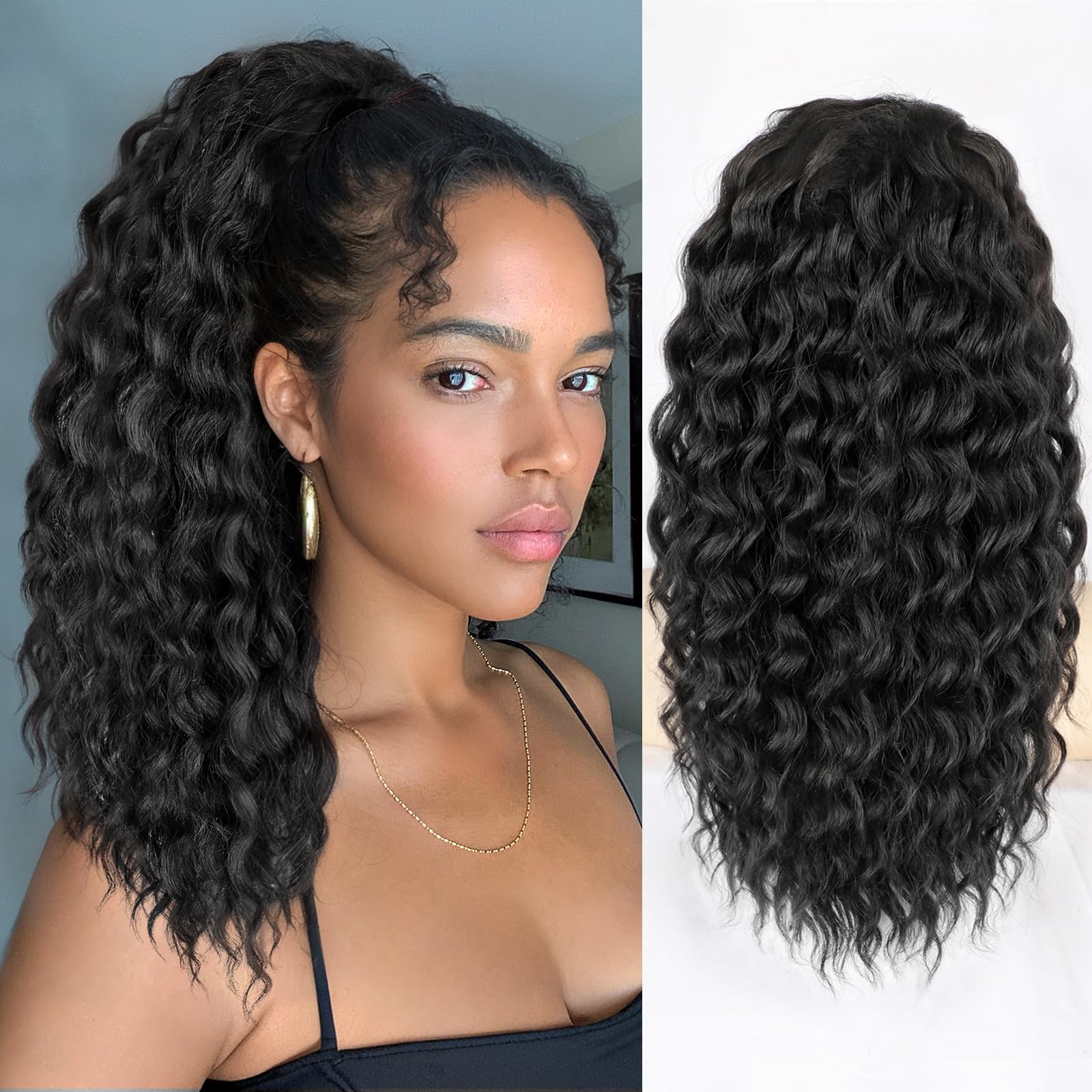 SHNMIN ponytail extension 18inch curly texture closeup showcases natural volume for daily wear.