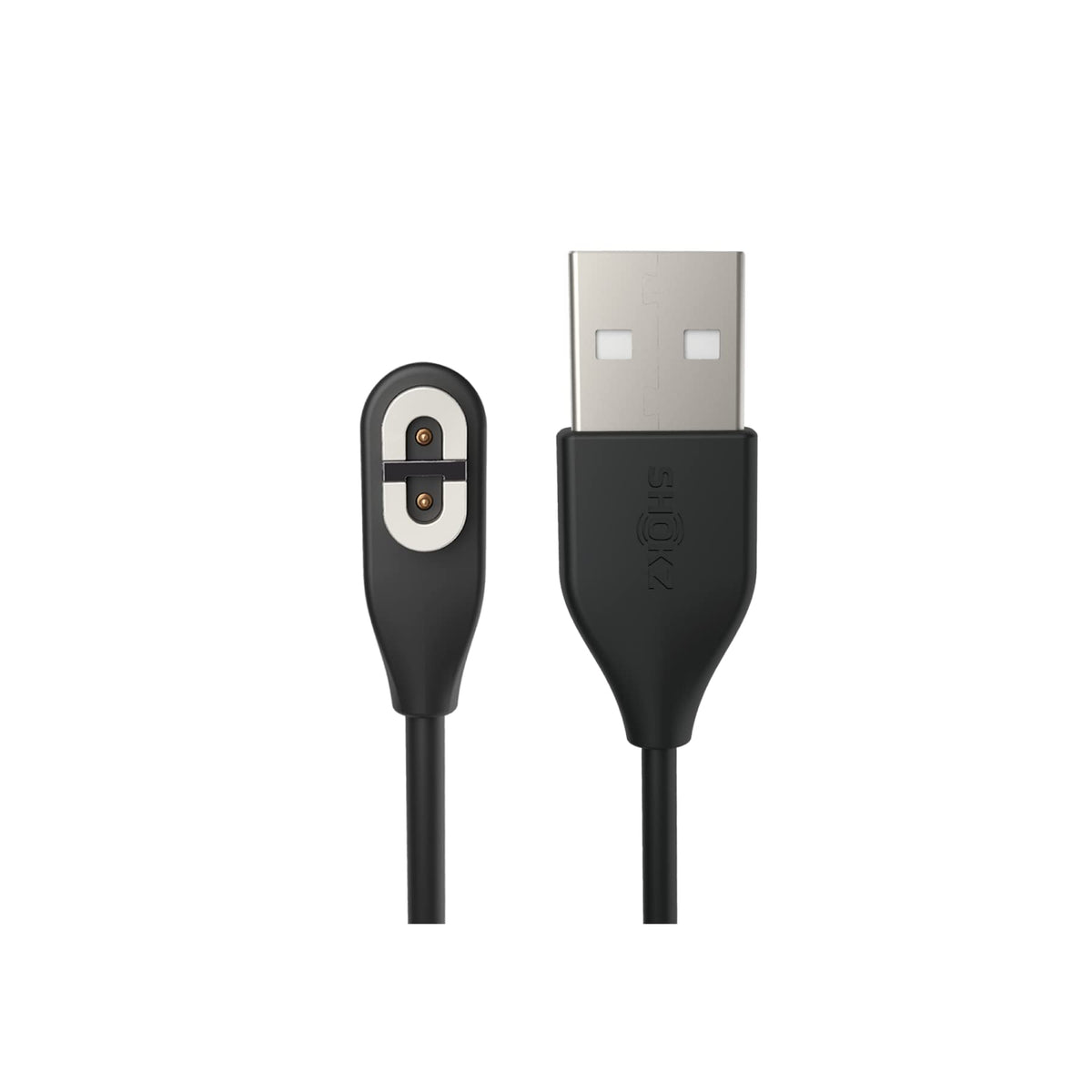 SHOKZ magnetic charger closeup shows quick-magnet alignment for OpenRun Pro charging