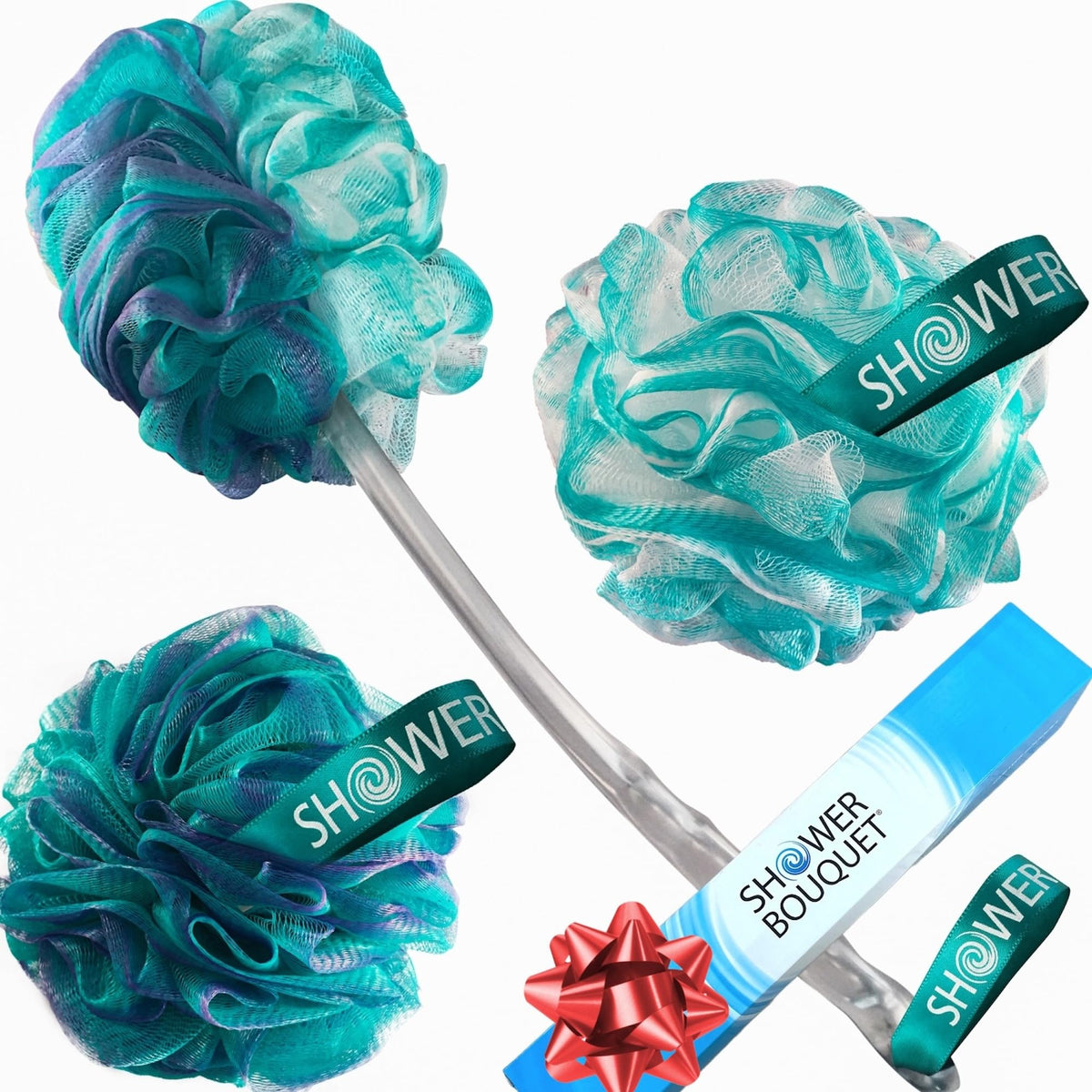 Shower Bouquet 2-Sided Back Scrubber image shows dual textures for thorough cleansing.