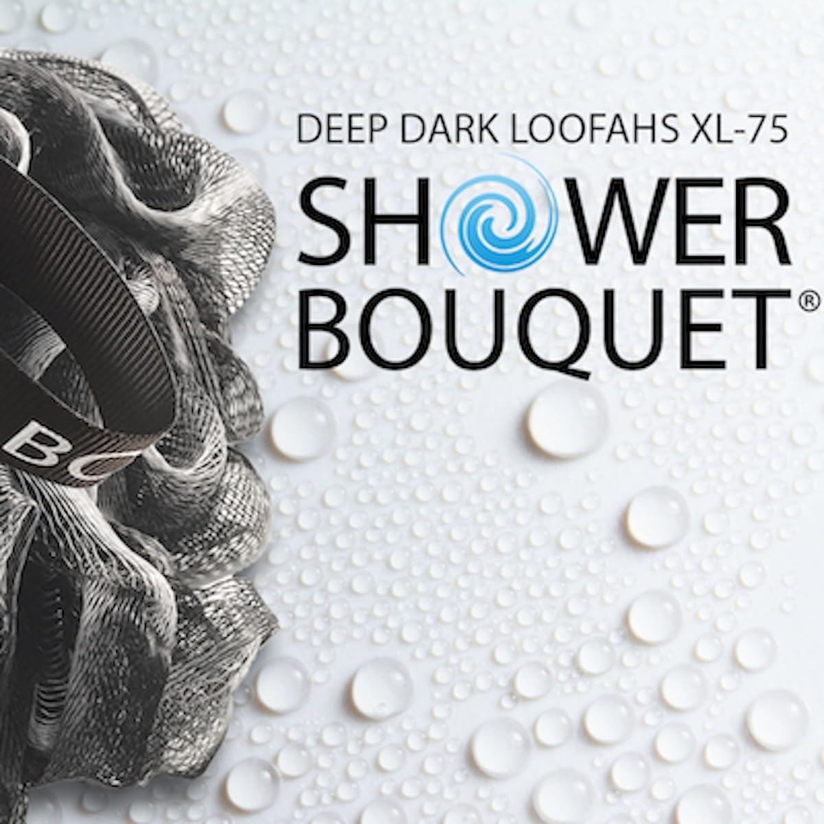 Shower Bouquet charcoal-black-package: bold loofah set for everyday exfoliation.