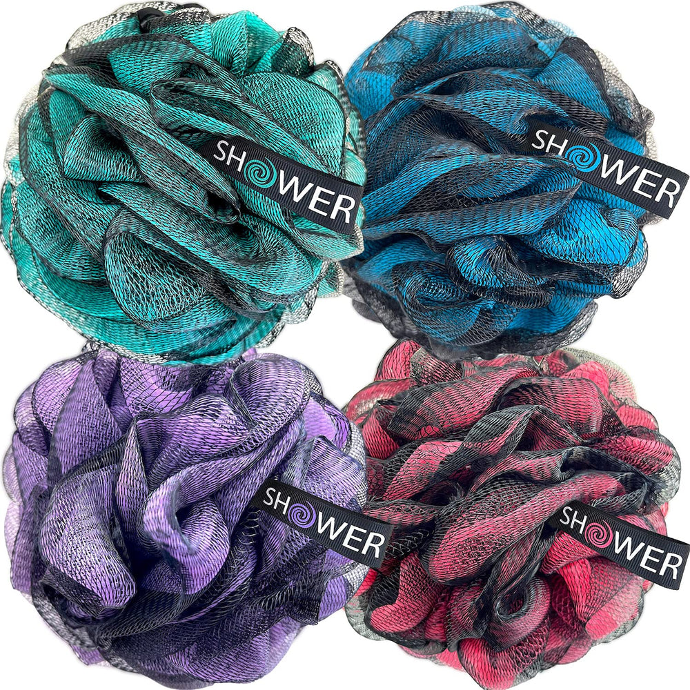 Shower Bouquet color-coded luffa puffs for face and body routines