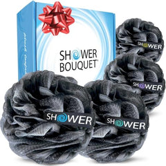 Shower Bouquet loofah-charcoal-4pack: charcoal-black poufs for gentle exfoliation.