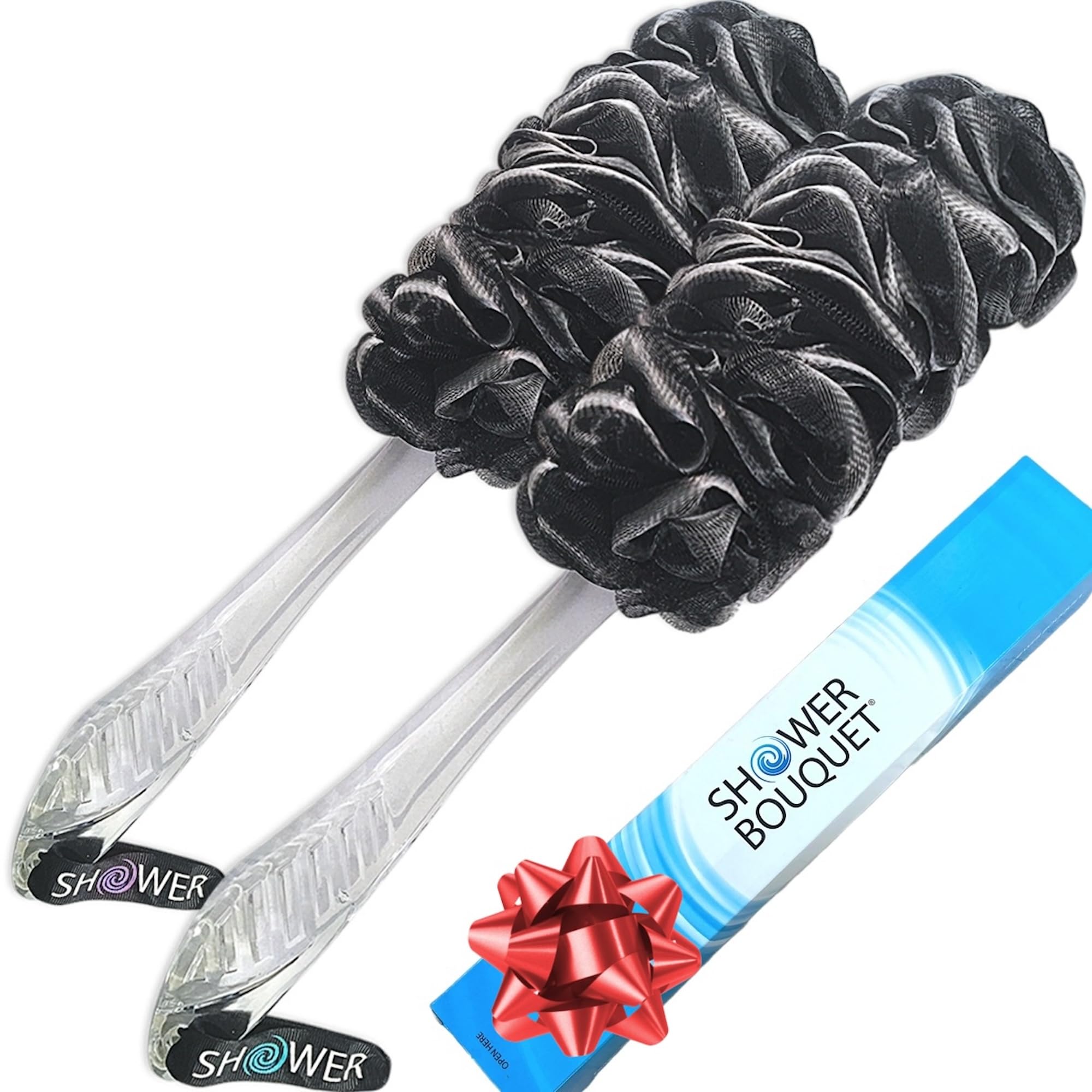 Shower Bouquet loofah-charcoal back-scrubber 2-pack delivers purifying exfoliation for smooth skin.