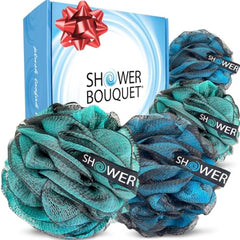 Shower Bouquet loofah blue-green four-pack for smooth exfoliation.