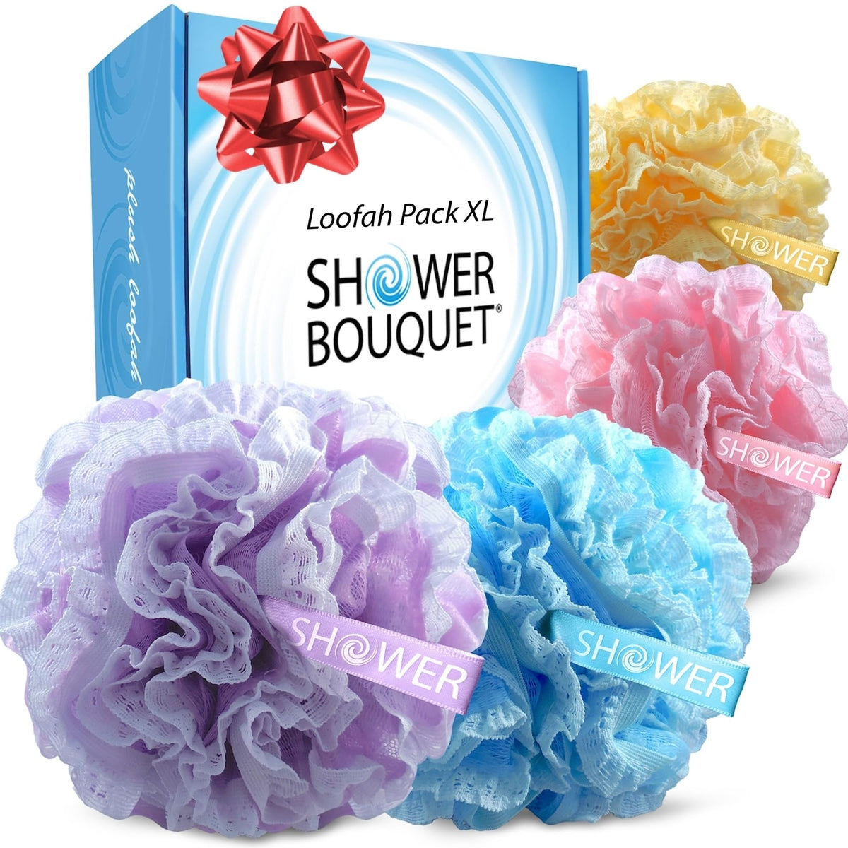 Shower Bouquet loofah lace-mesh set 4-pack showcases textured lace for gentle exfoliation.