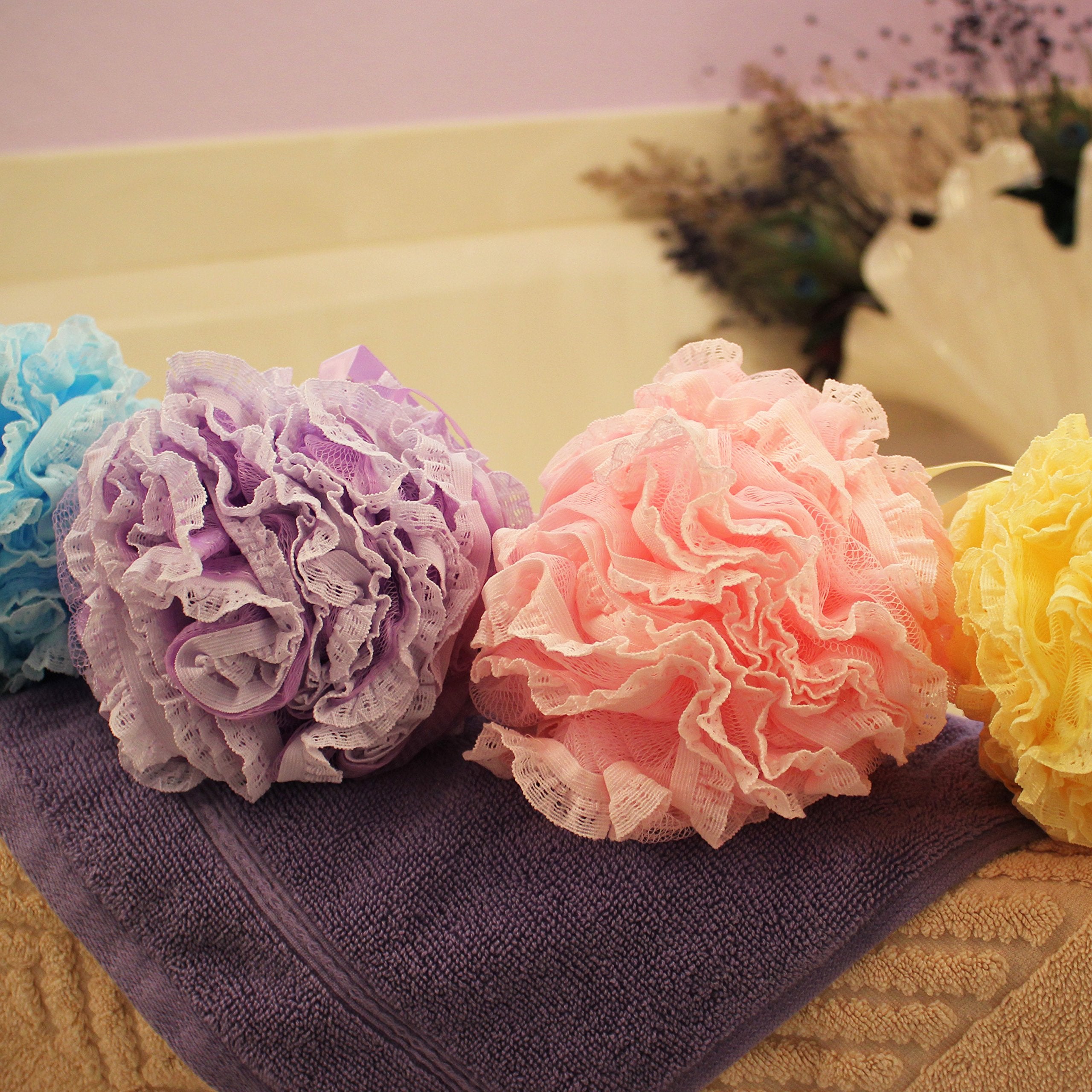 Shower Bouquet multi-color sponges product shot features Lavender, Blue, Pink, Yellow.
