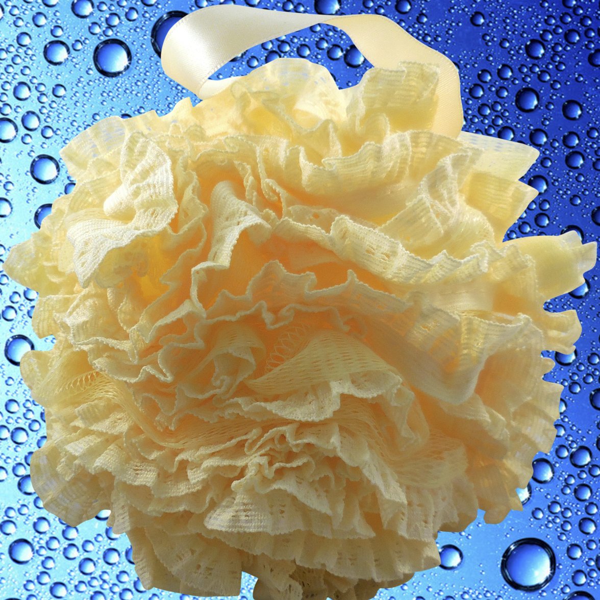 Shower Bouquet plush loofah set demonstrates rich foamy lather with soap.