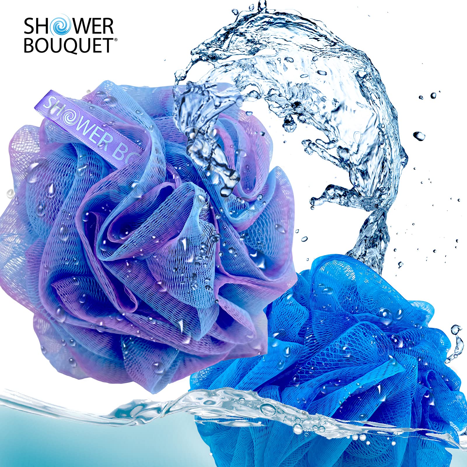 Shower Bouquet loofah with long ribbon handle makes hanging dry easy.