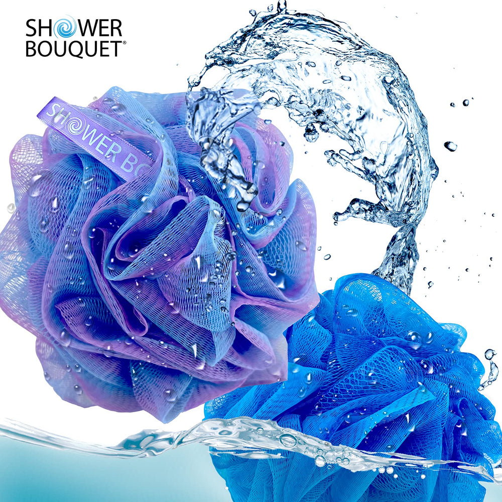 Shower Bouquet loofah with long ribbon handle makes hanging dry easy.