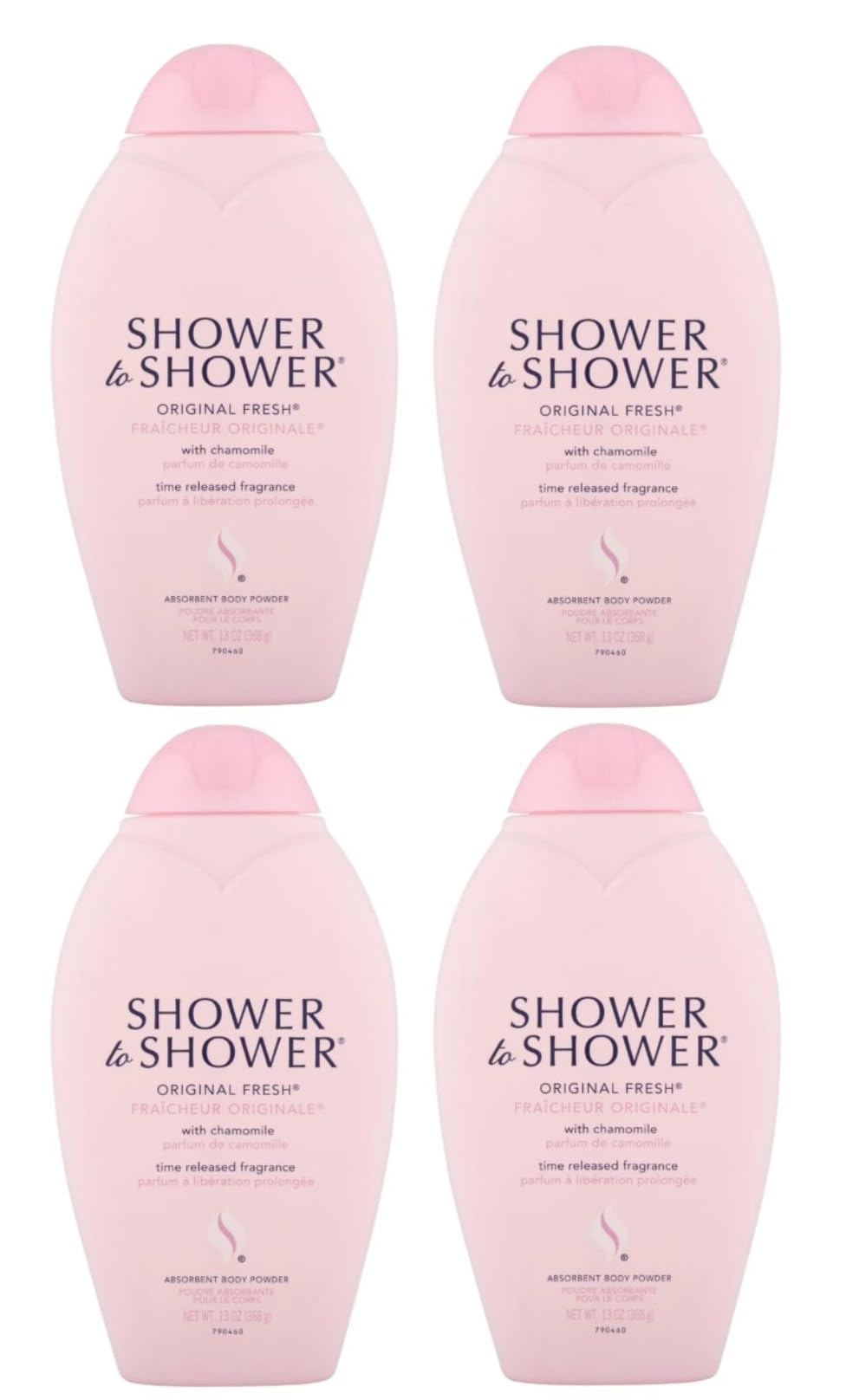 Shower To Shower absorbent body powder bottle close-up showing long-lasting freshness.