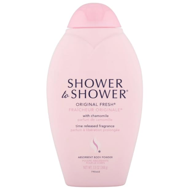 Shower To Shower Original Fresh absorbent powder bottle closeup highlights time-release fragrance.