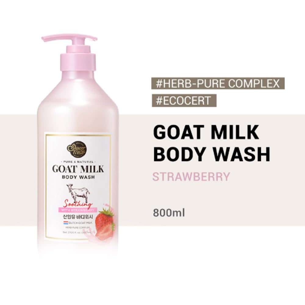 SHOWERMATE Goat Milk Body Wash Strawberry ingredients close-up highlighting Manuka Honey