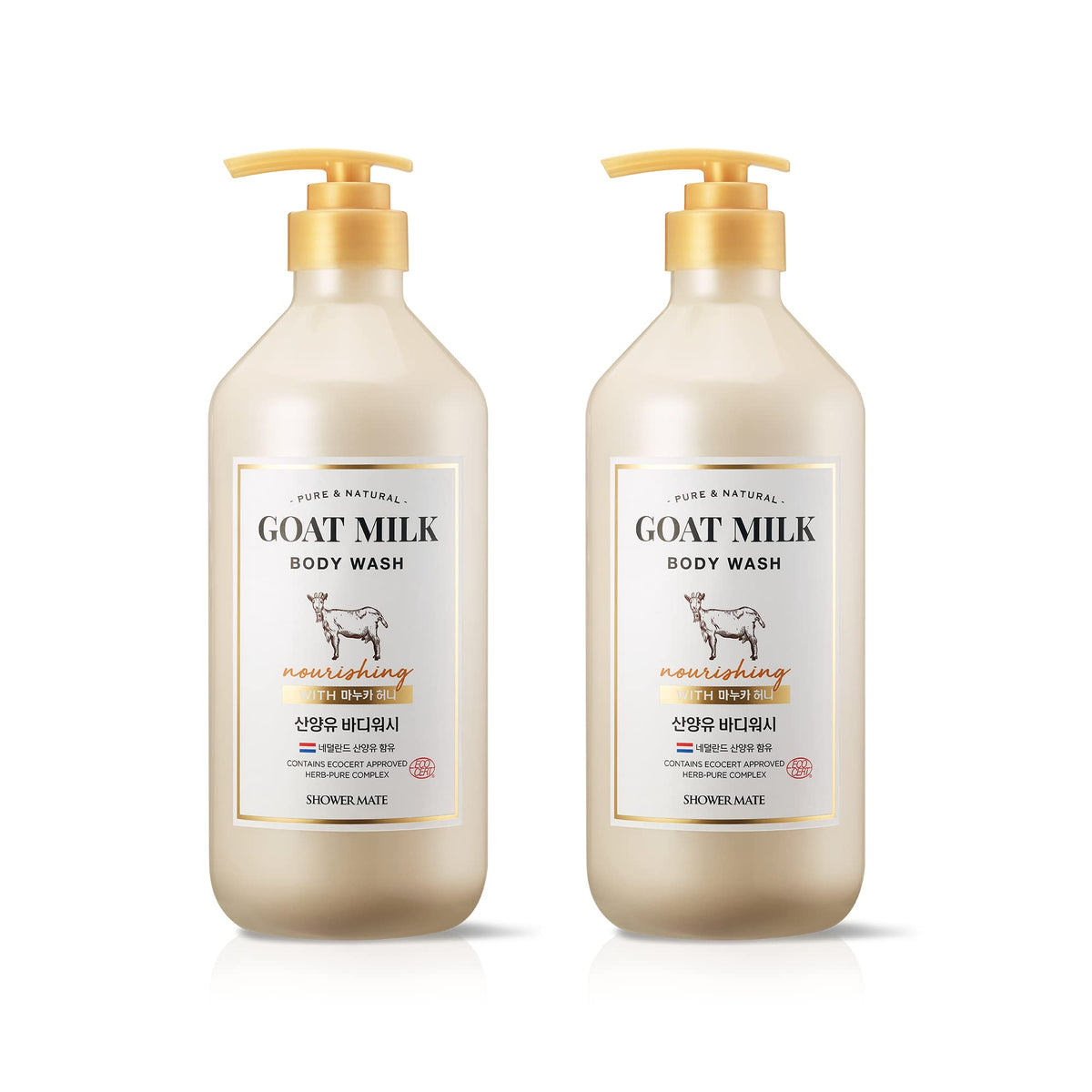 SHOWERMATE Goat Milk Body Wash bottle shows Manuka Honey for deep hydration