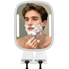 Showvigor heated shower mirror LED on for precise shaving.