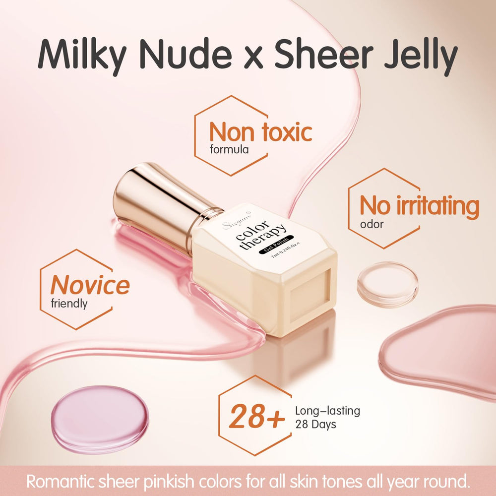 SHOYUM jelly nude pink swatches showing sheer milky finish.