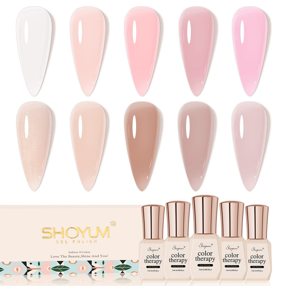 SHOYUM Jelly Nude Gel Polish packshot showing 10 nude shades for at-home nails