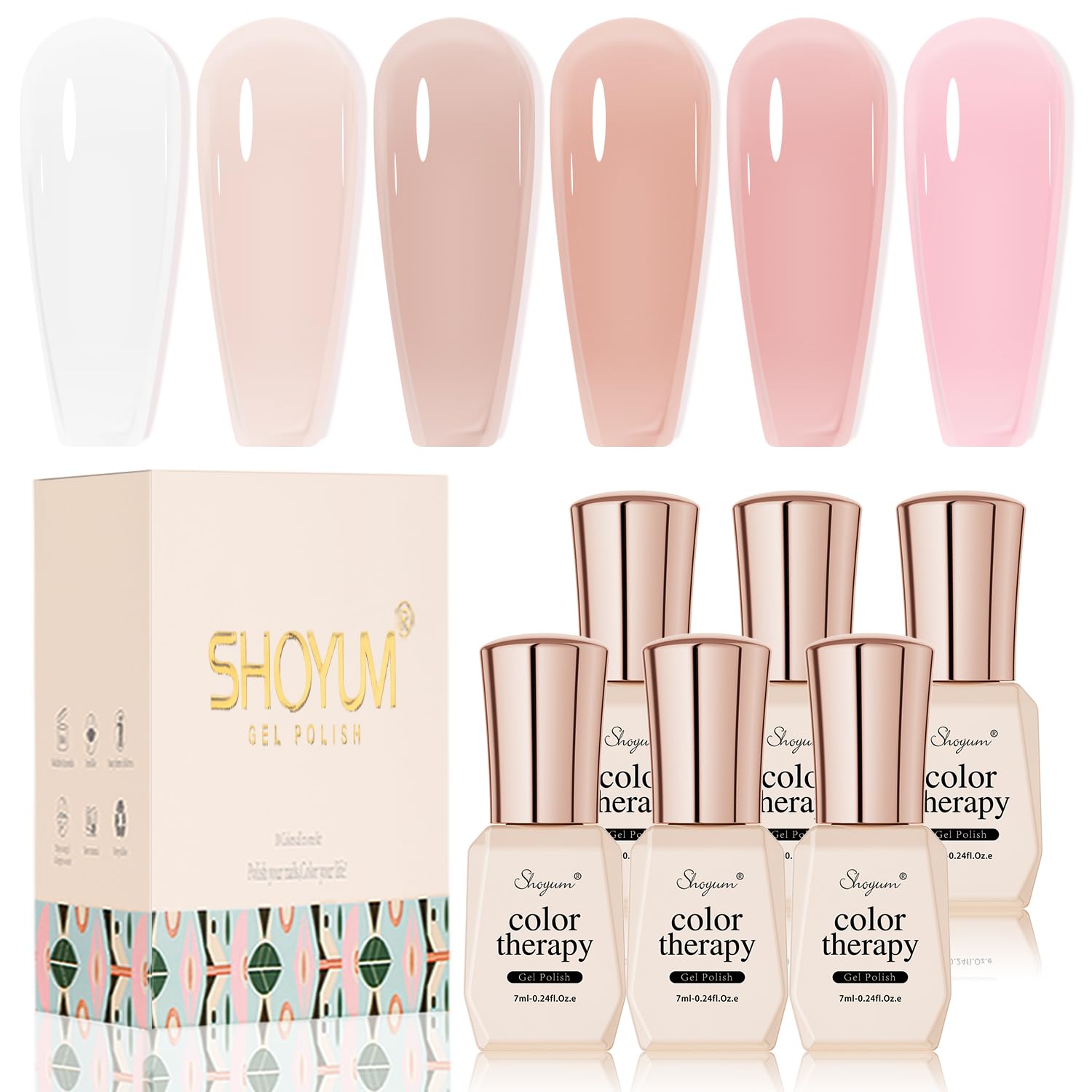 SHOYUM nude pink gel polish set packaging, ideal as a stylish gift.