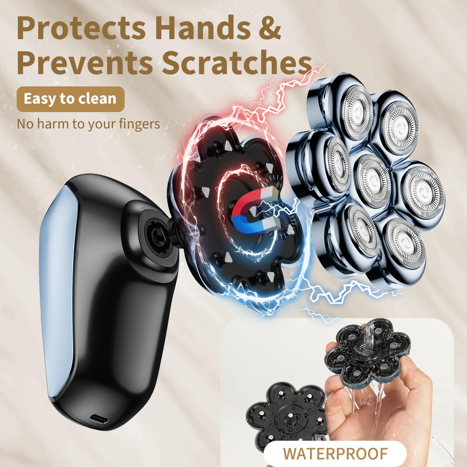 SHPAVVER 7D floating head provides broad coverage for efficient shaving.