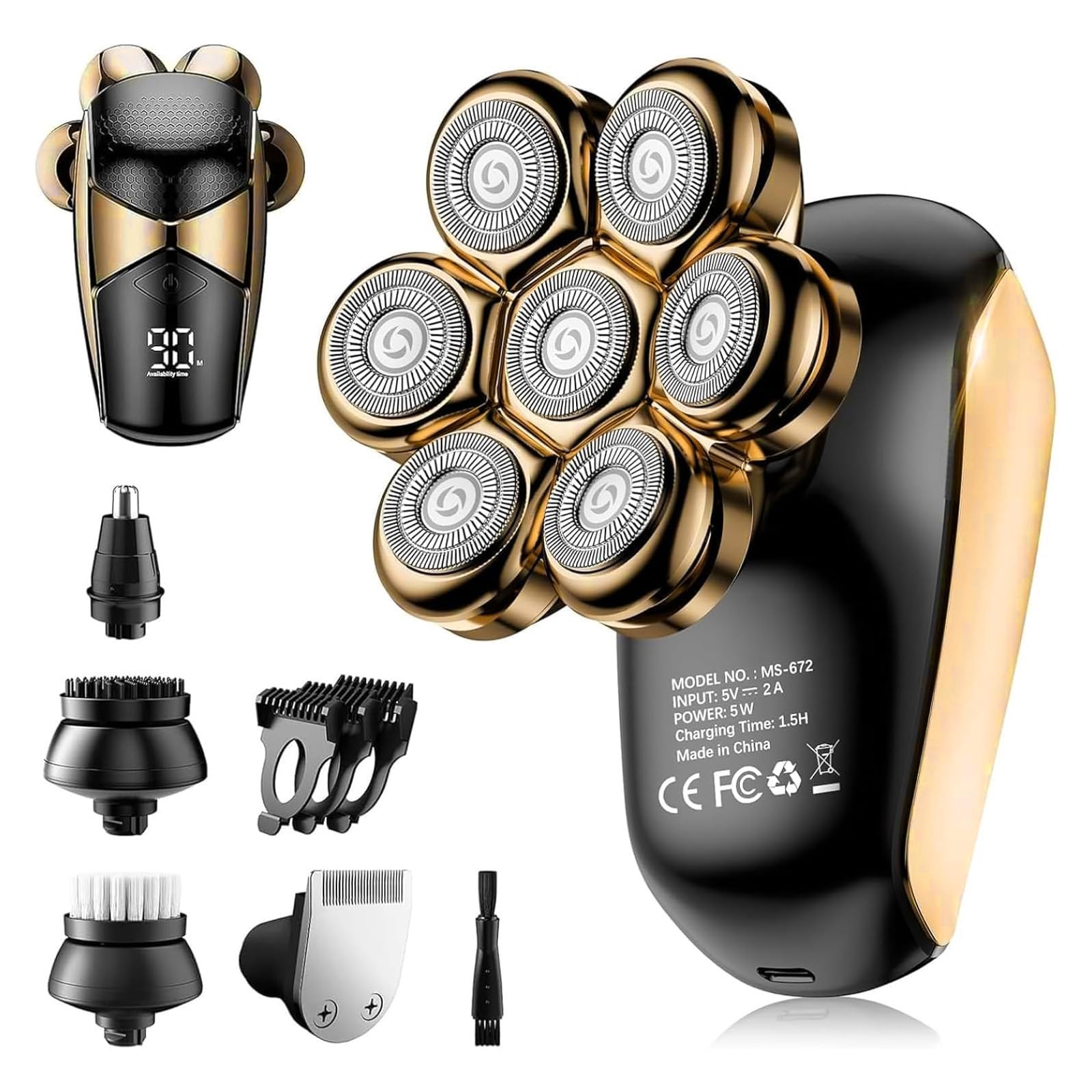 SHPAVVER head shaver front view in gold-black for a fast, close shave.