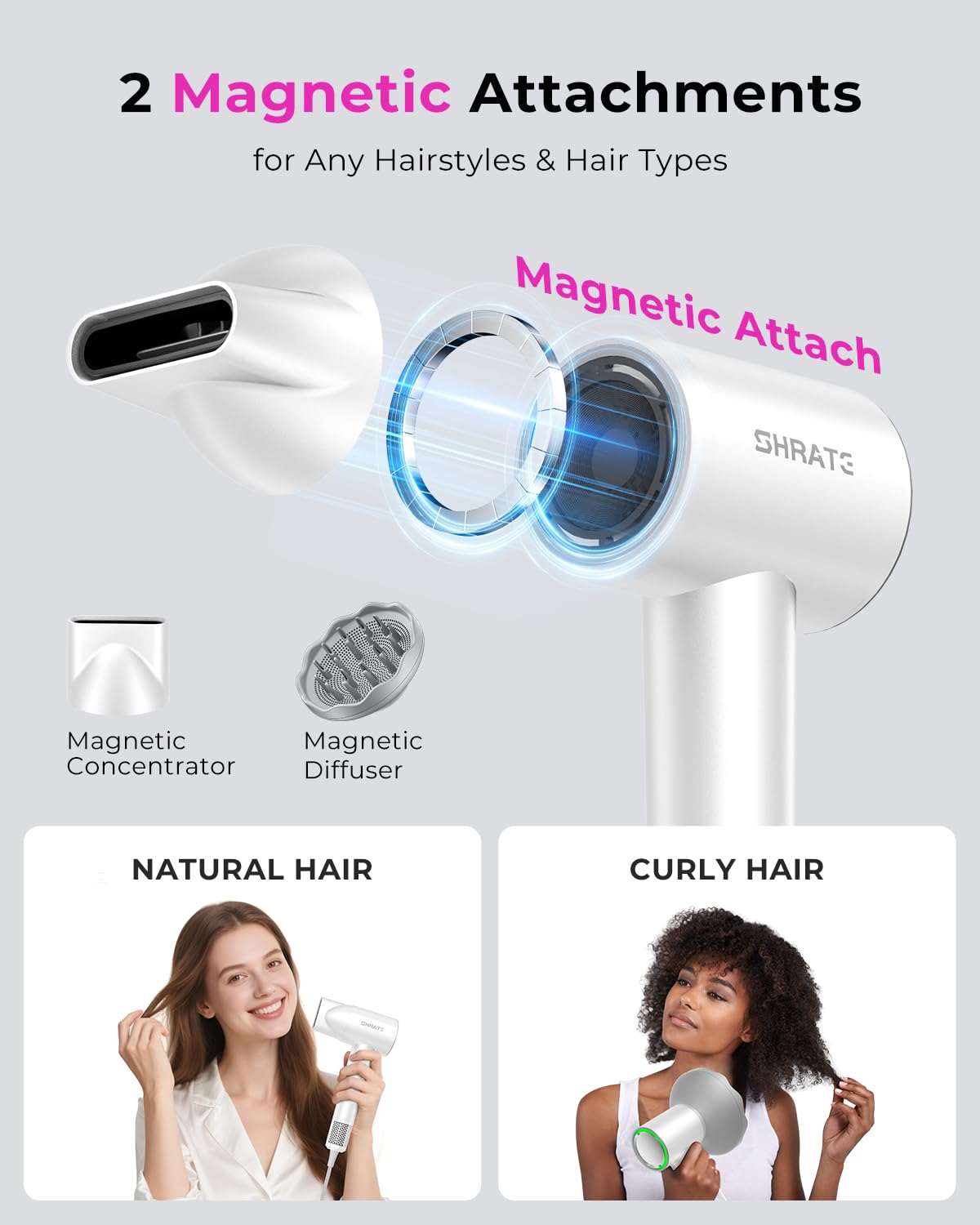 SHRATE cool shot feature helps set styles and reduce static.