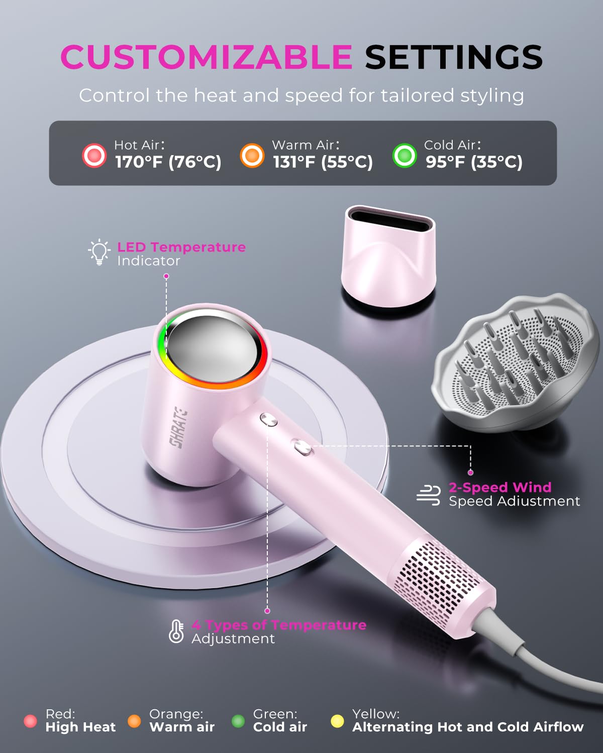SHRATE multiple heat settings tailor drying to hair texture and needs.