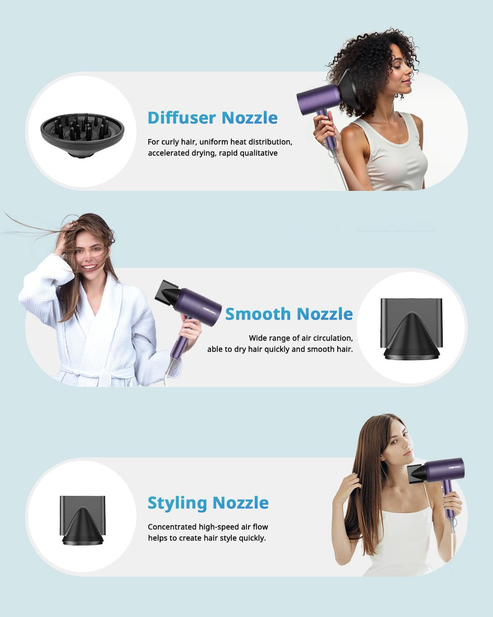 SHRATE three-nozzle attachments for diffuser, smooth, and styling versatility