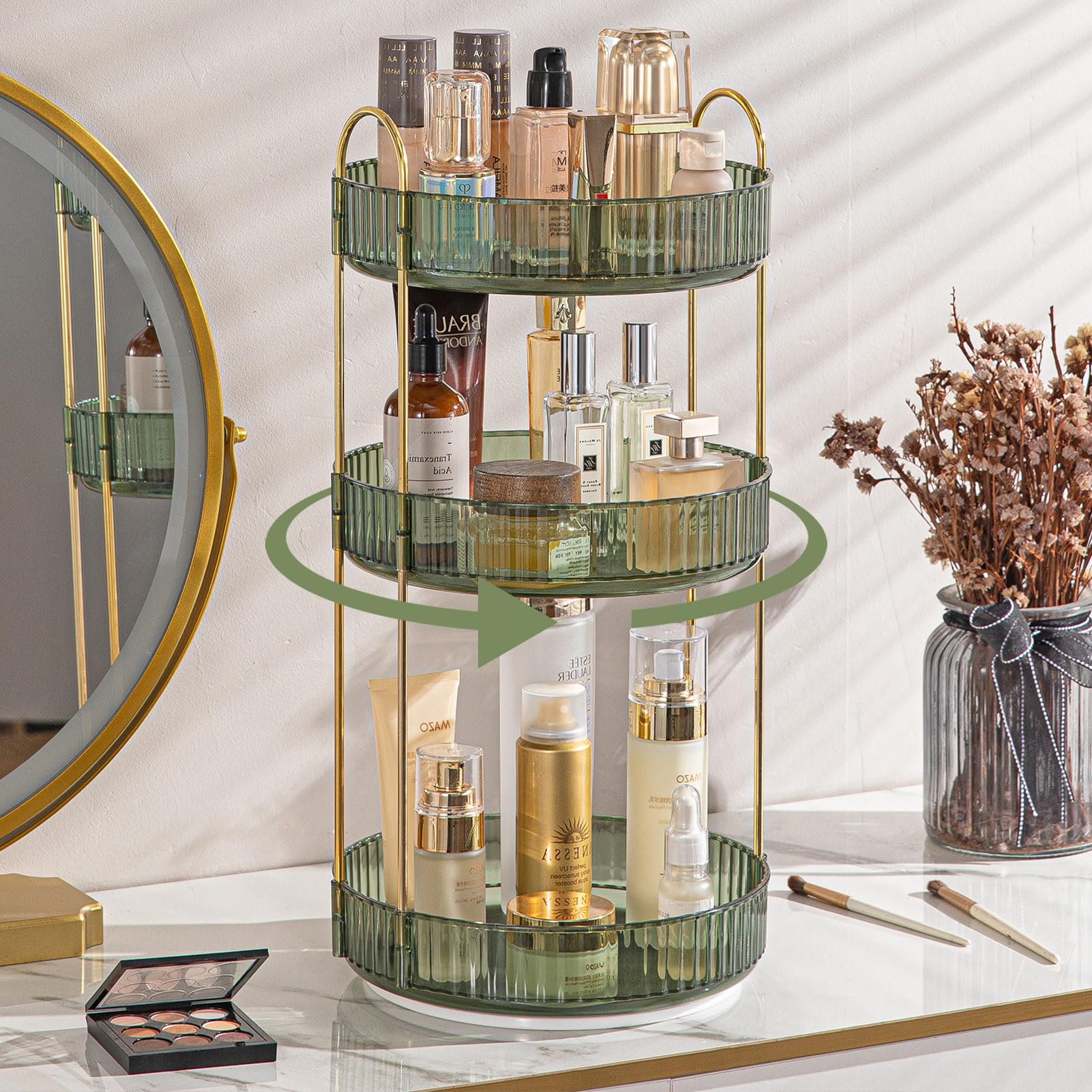 Shuang Qing rotating makeup organizer 360-spin top view demonstrates quick access to cosmetics and skincare.