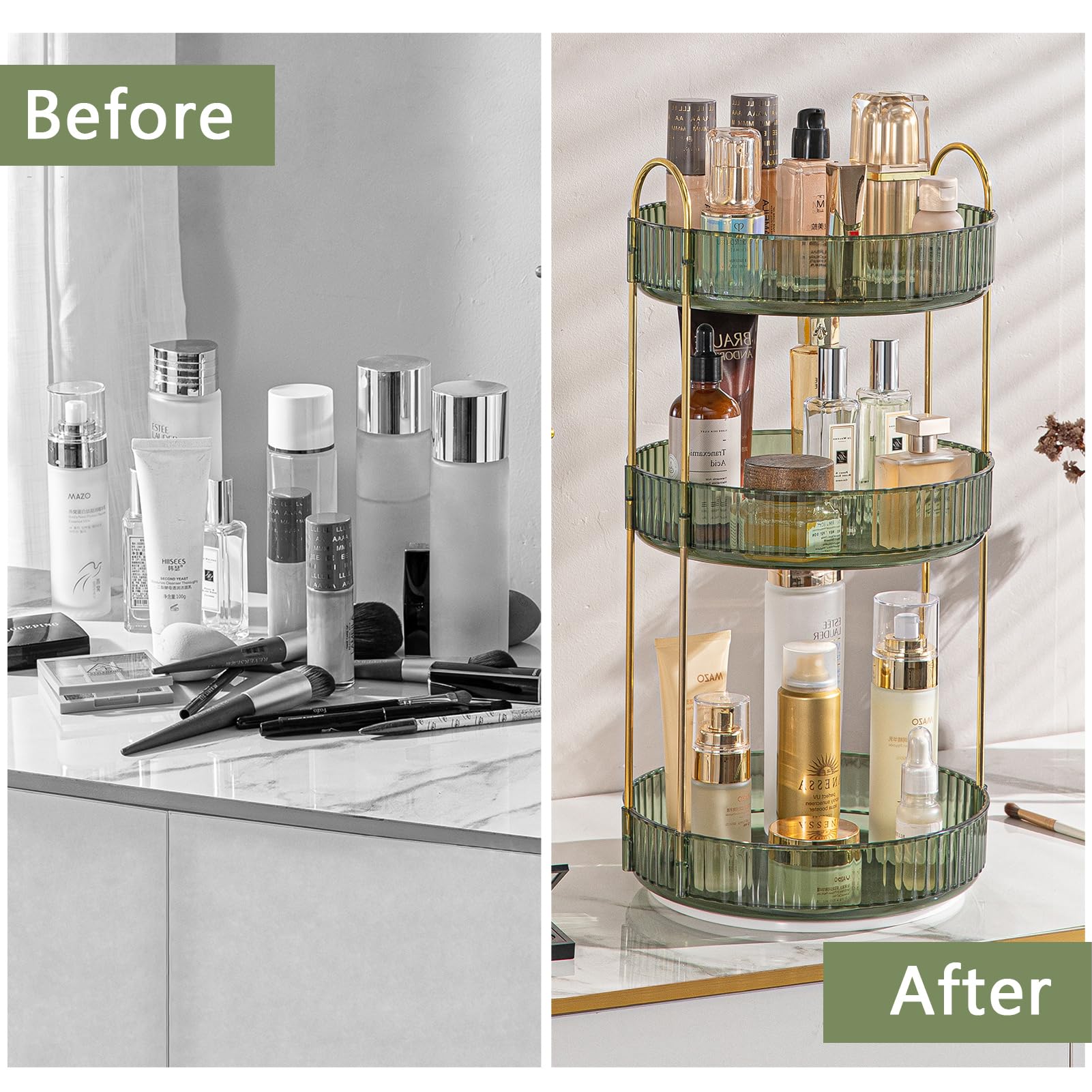 Shuang Qing rotating makeup organizer assembly illustration shows tool-free setup in under a minute.