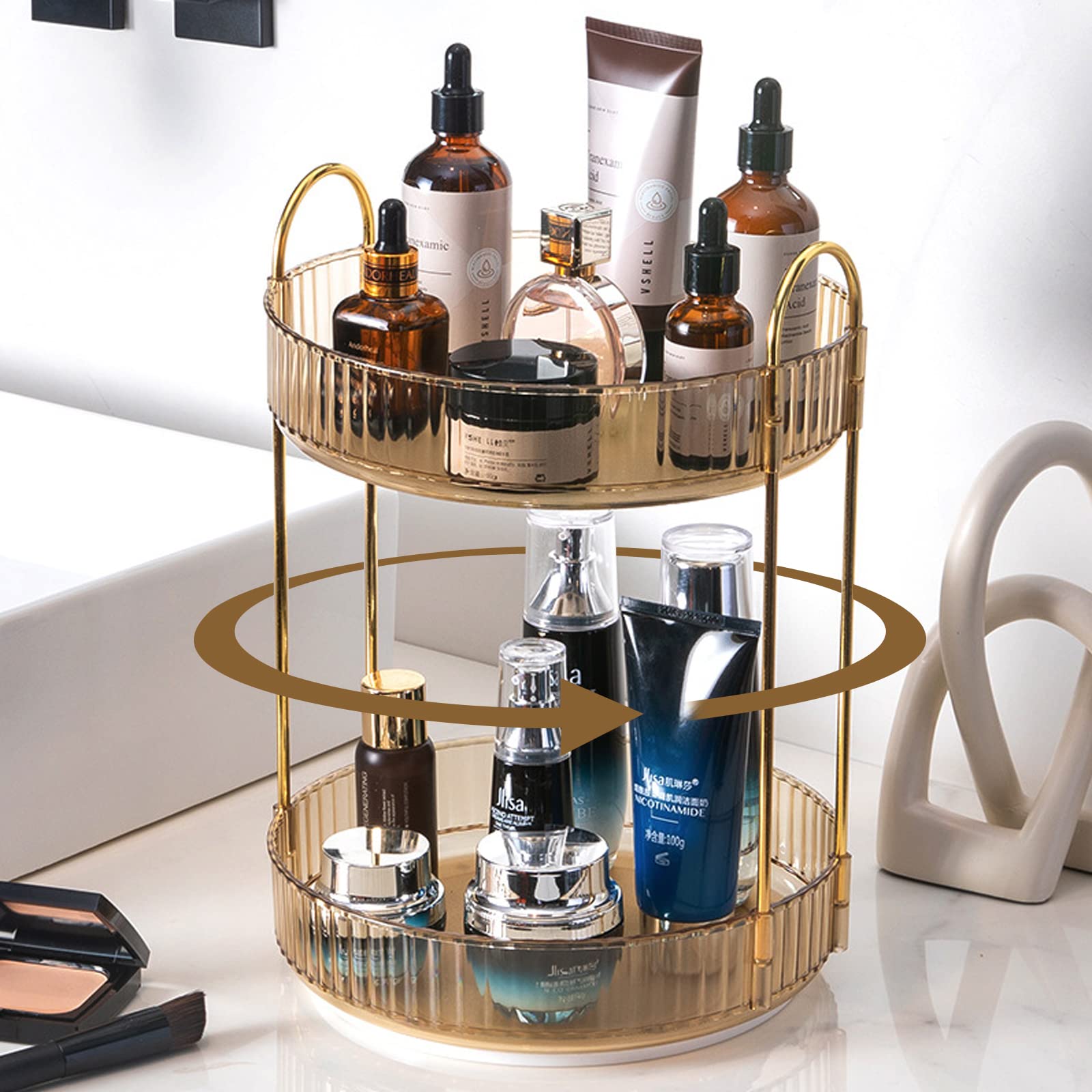 Shuang Qing rotating makeup organizer in gold with two tiers keeps vanity tidy.