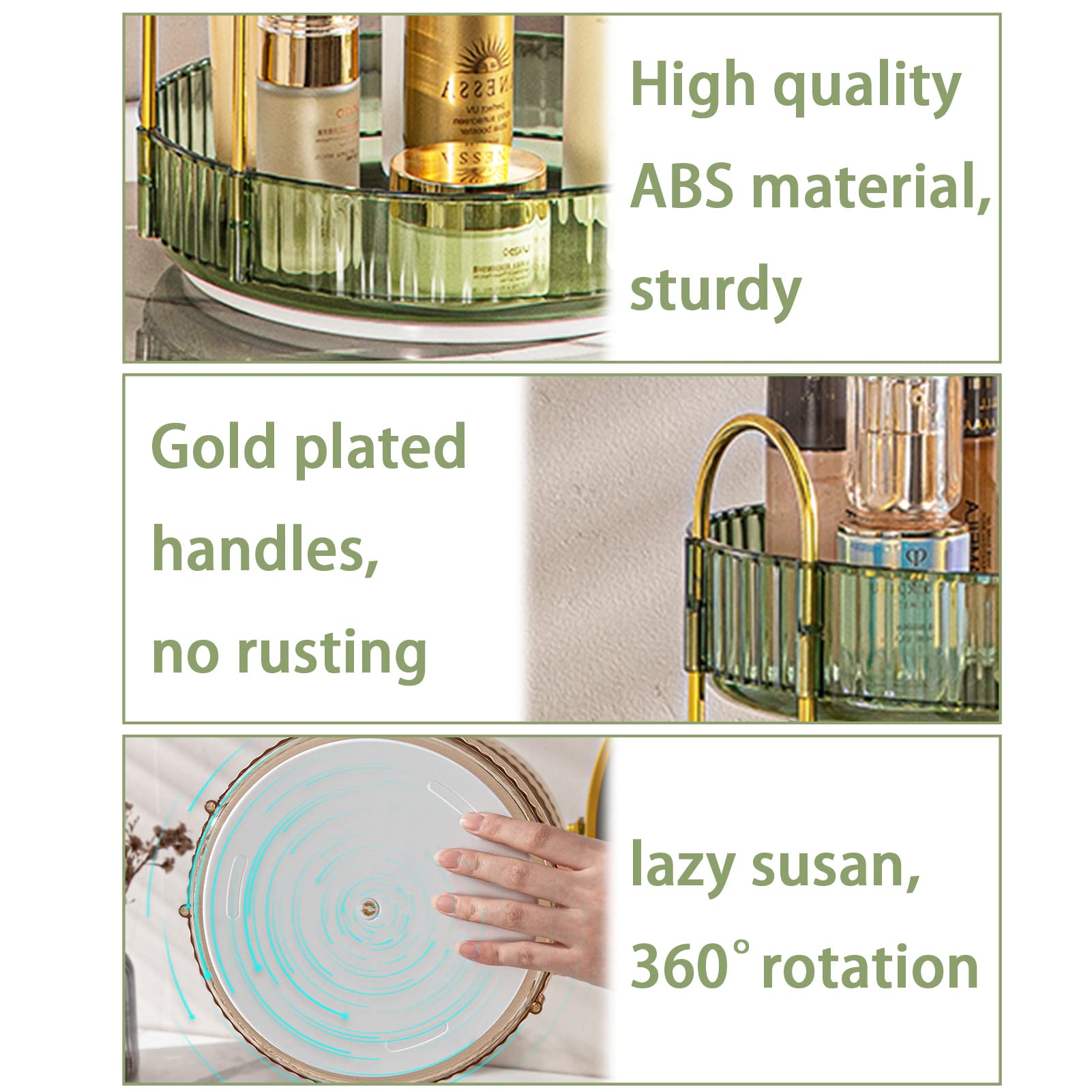 Shuang Qing rotating makeup organizer green color closeup emphasizes sturdy metal frame and durable trays.