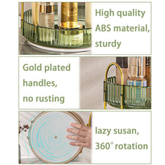 Shuang Qing rotating makeup organizer green color closeup emphasizes sturdy metal frame and durable trays.