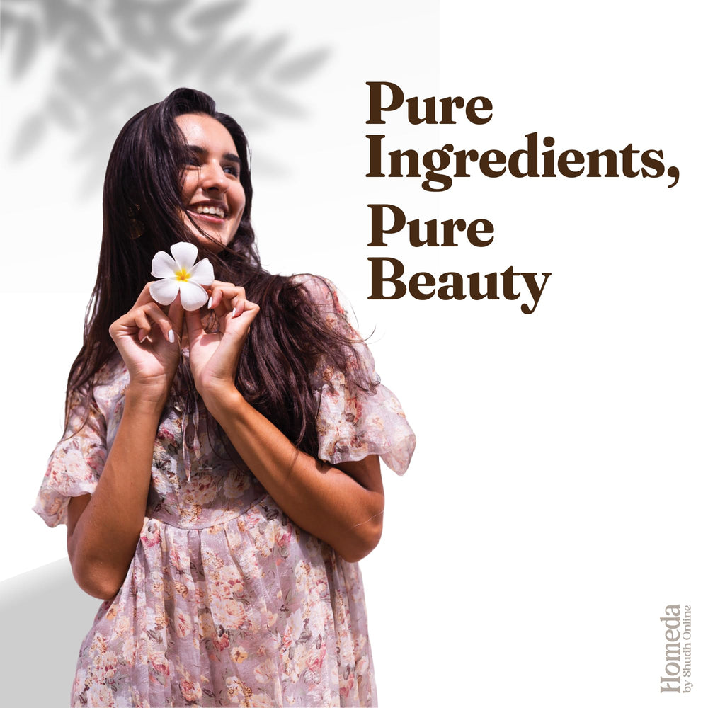Shudh Online bhringraj hibiscus amla powder highlights ingredients for potential hair growth support.