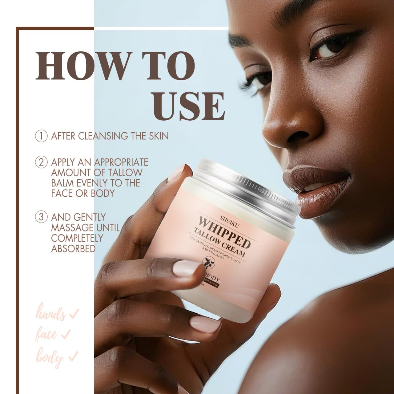 SHUIKU Beef Tallow Honey Balm on elbows shows deep hydration and nourishment.