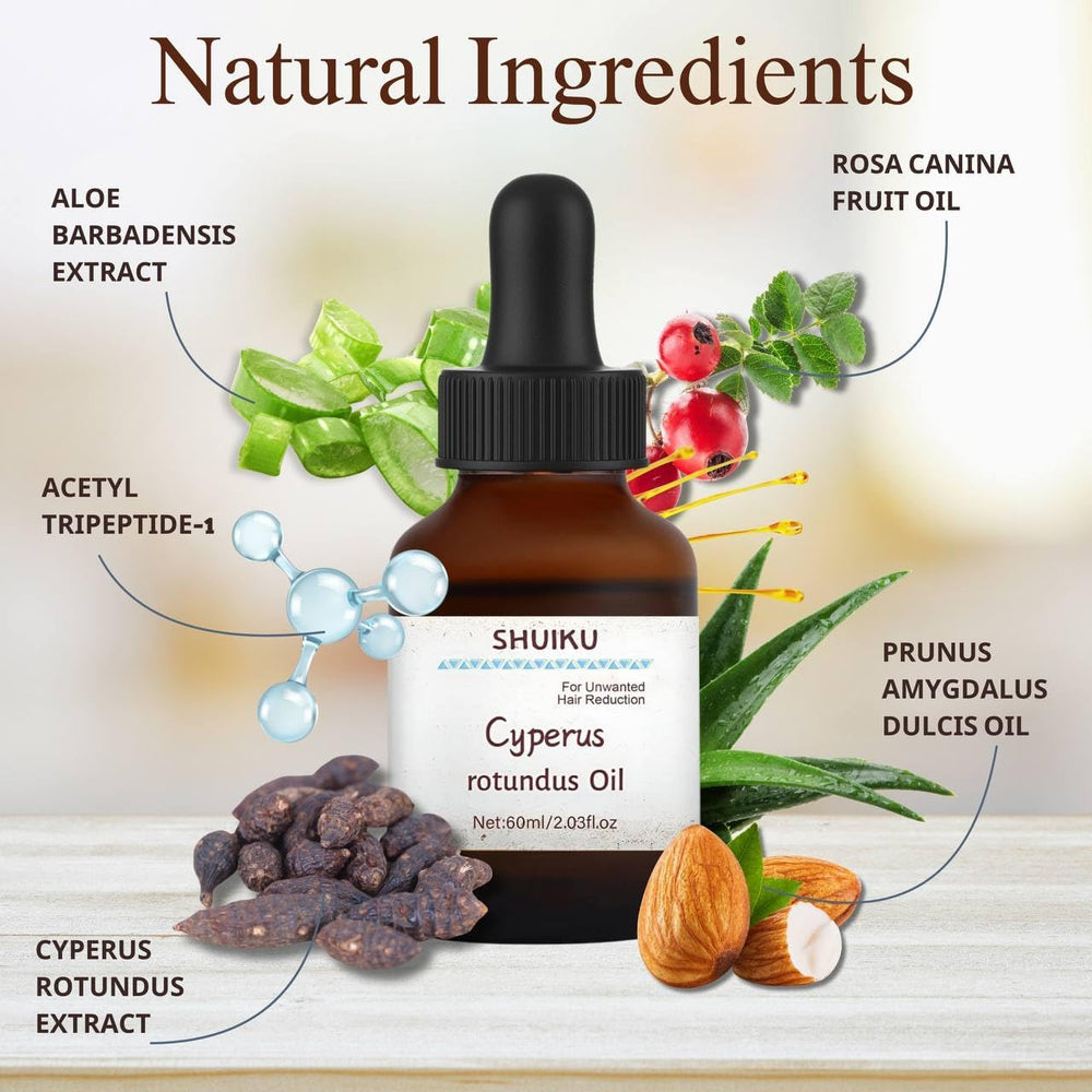 SHUIKU Cyperus Rotundus Oil pour-drops highlighting quick absorption for body use.