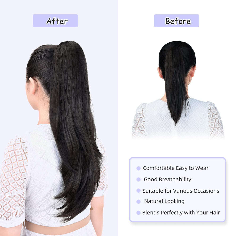 ShulaSHOP easy clip-in ponytail shows one-step transformation.