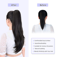 ShulaSHOP easy clip-in ponytail shows one-step transformation.