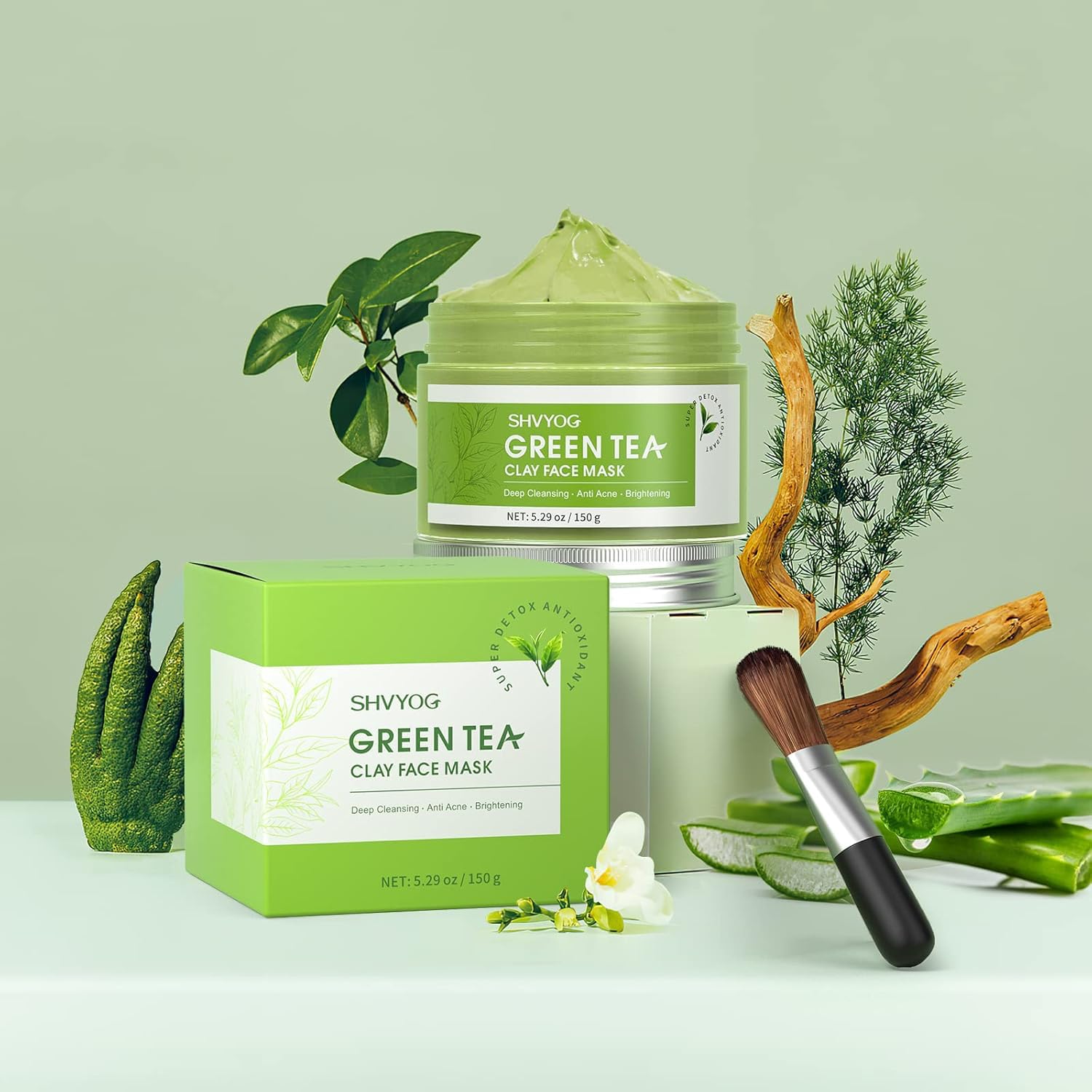 SHVYOG Green Tea Face Mask applied on face for deep cleansing