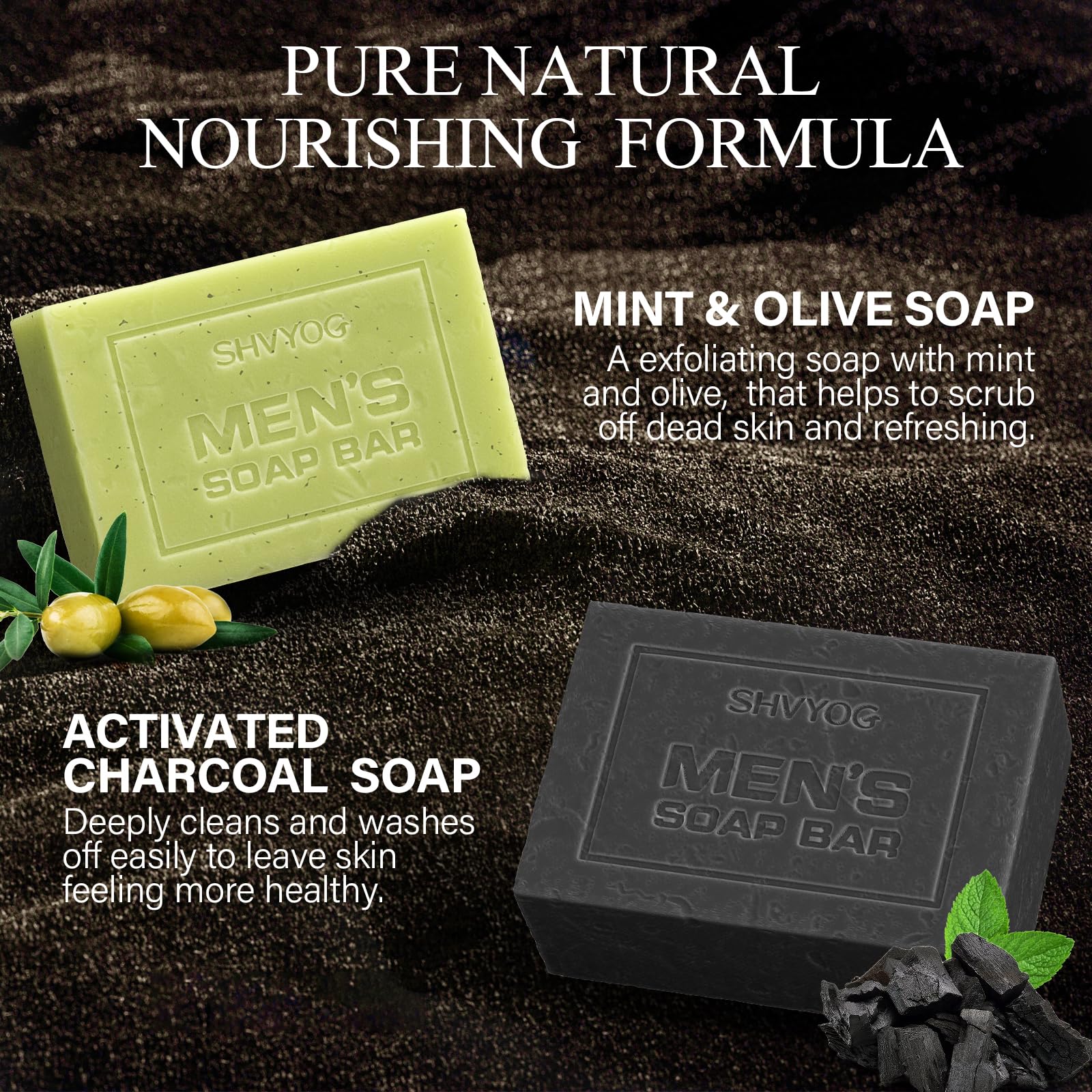 SHVYOG charcoal bar soap for men purifies pores and detoxifies.