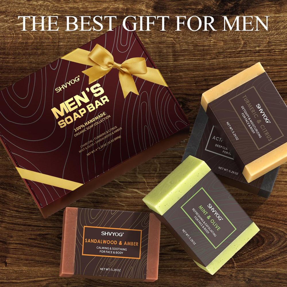 SHVYOG 4-pack mens soap gift set showcases handmade cleansing bars.