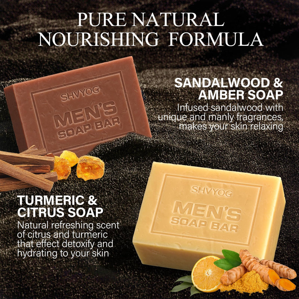 SHVYOG mens soap sandalwood amber bar delivers calming scent and deep cleanse.