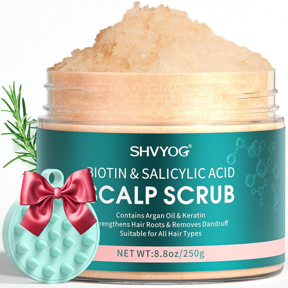 SHVYOG Scalp Scrub bottle closeup shows product and emphasis on exfoliation benefits