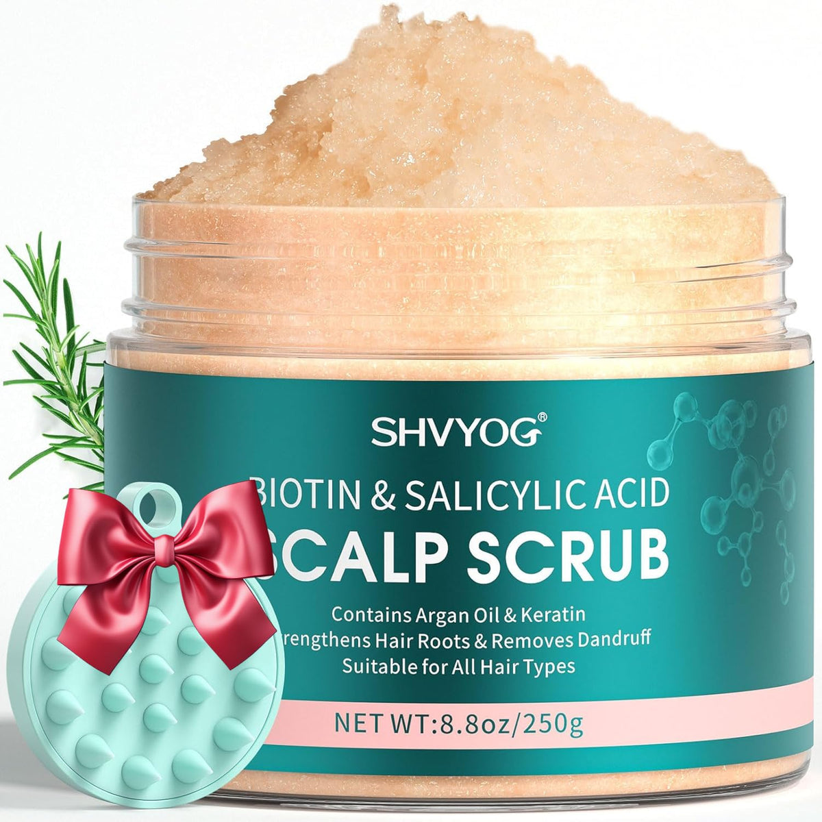 SHVYOG Scalp Scrub bottle closeup shows product and emphasis on exfoliation benefits