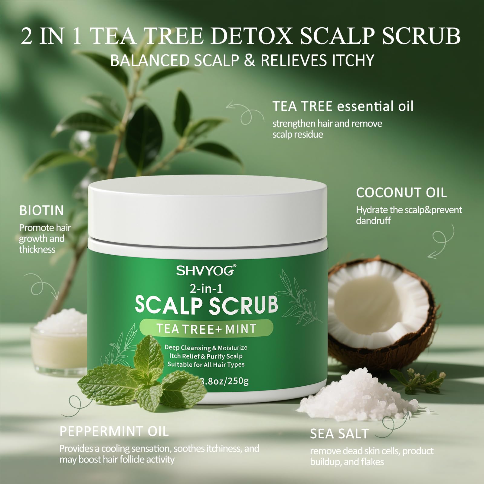 SHVYOG coconut oil droplets signaling scalp nourishment and moisture.