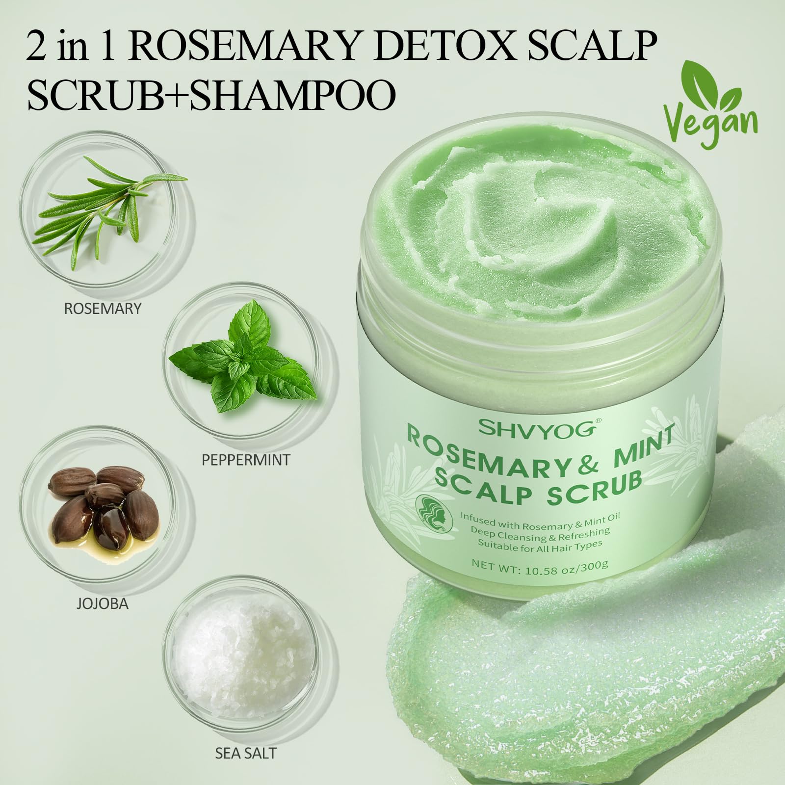 SHVYOG scalp scrub-ingredients-rosemary-peppermint: cooling oils support balanced scalp comfort.