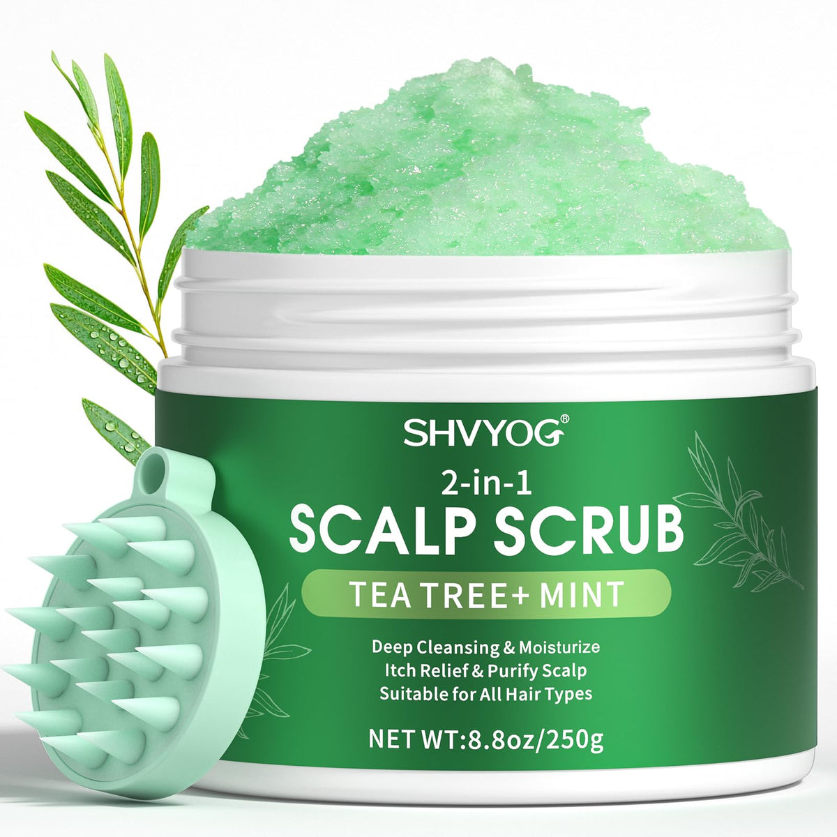 SHVYOG scalp scrub bottle with tea tree oil promoting detox exfoliation.