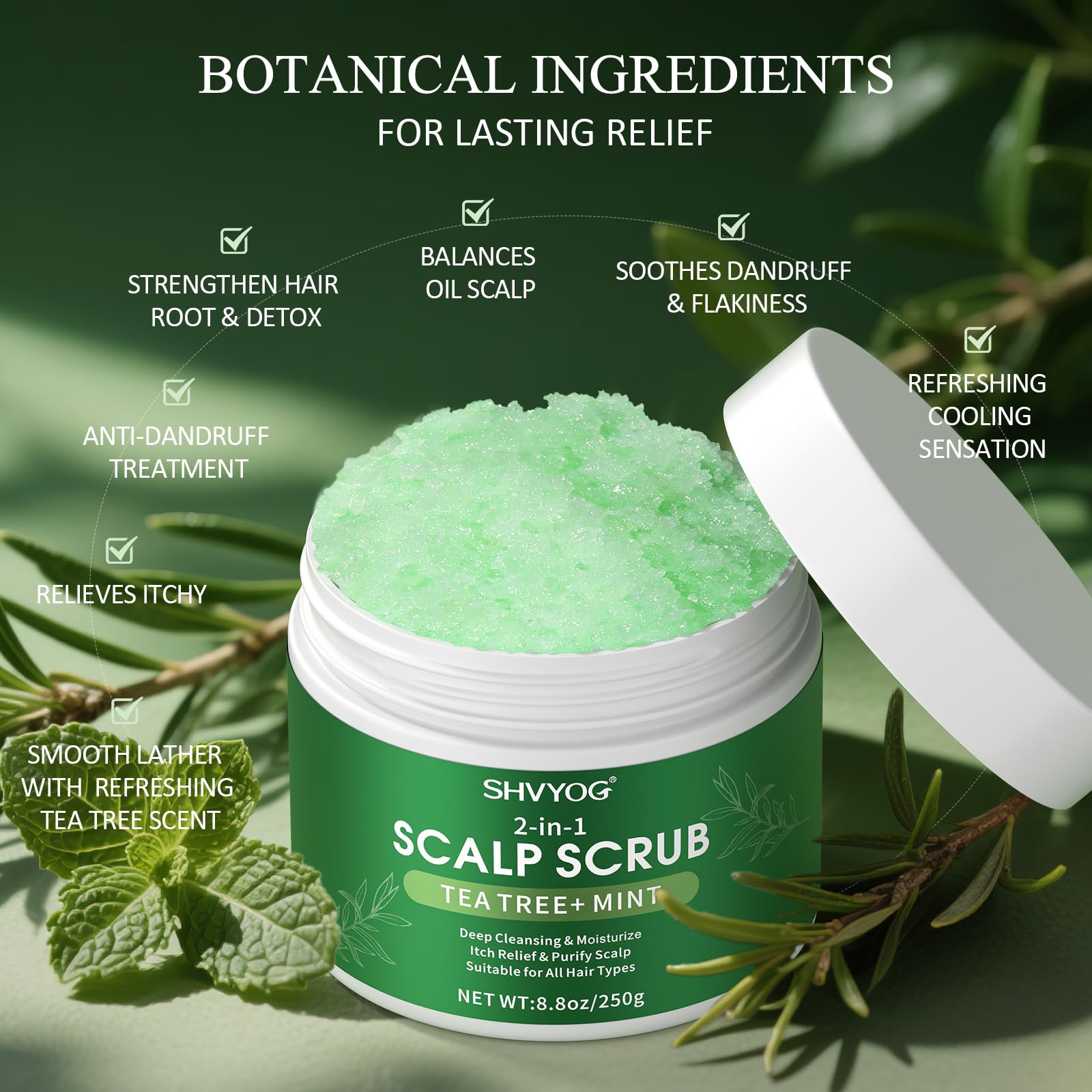 SHVYOG tea tree leaves highlighting detoxifying scalp care.