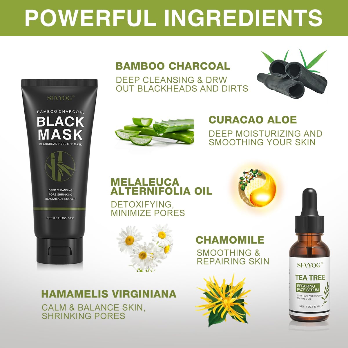 SHVYOG tea-tree-serum-bottle boosts calming repair after charcoal mask for balanced skin.